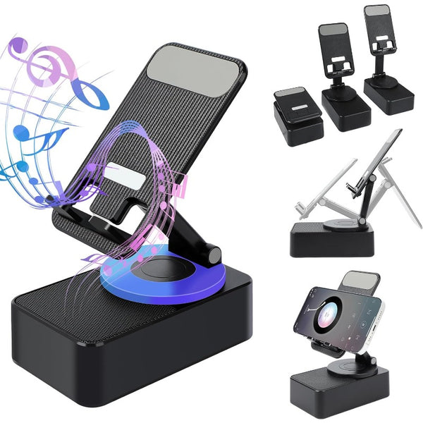 Wireless Induction Bluetooth Speaker Stand, Foldable Cell Phone Stand with Induction Speaker/Power Bank/Atmosphere Light/Anti-Slip Base (Black)