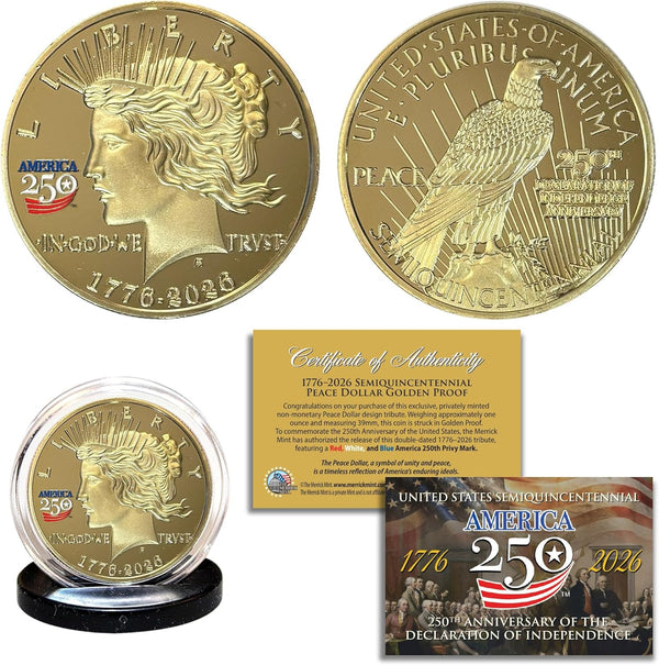 America 250th Anniversary 1776-2026 Peace Dollar Golden Proof Privy Medallion Coin